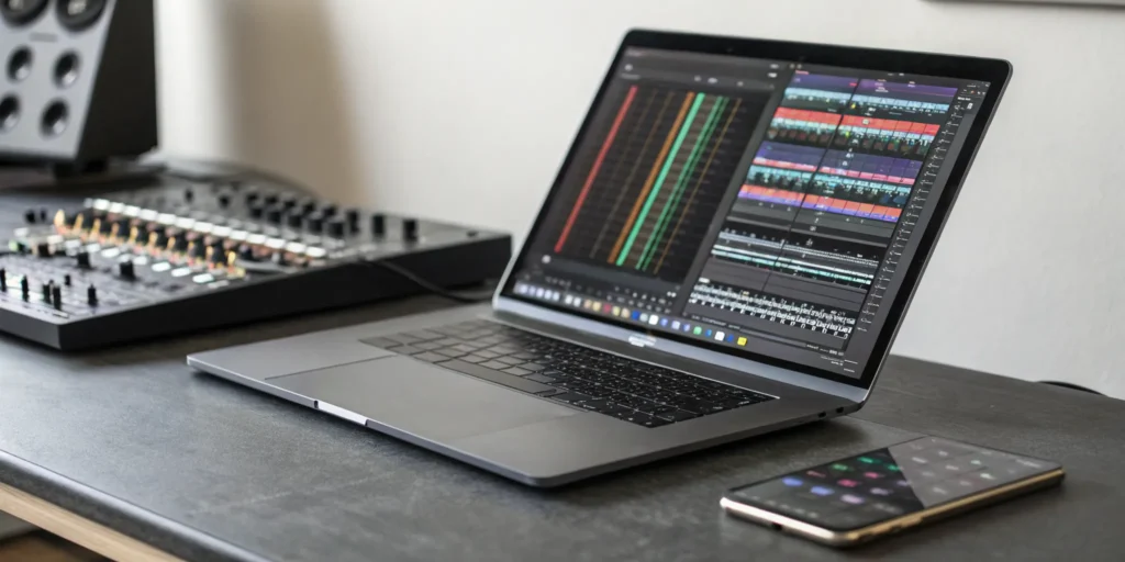 Laptop running a music mixing app on a desk with a smartphone and audio equipment.