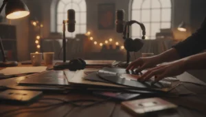 Joe May Talks New Album, Vintage Keyboards, and Charlotte’s Music Scene 6 Hands flipping through vinyl records and cassette tapes at an independent radio studio table, celebrating new indie artists and fresh sound