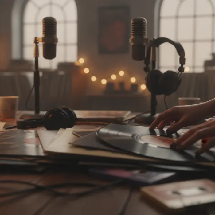 Hands flipping through vinyl records and cassette tapes at an independent radio studio table, celebrating new indie artists and fresh sound