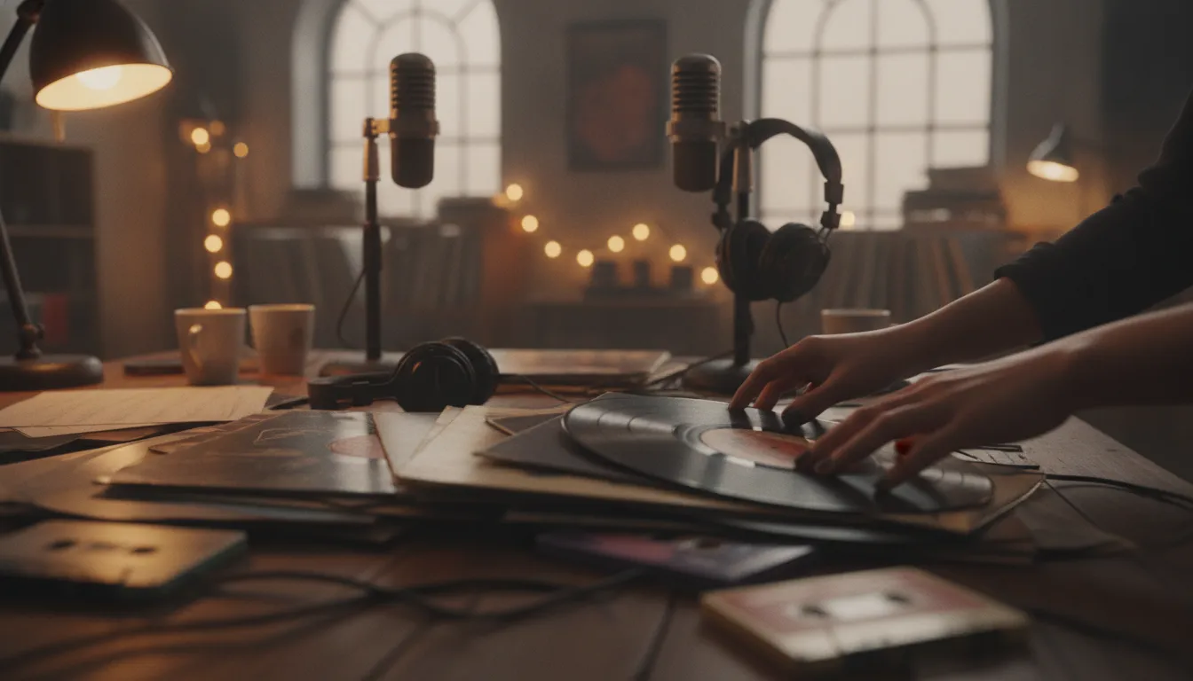 Hands flipping through vinyl records and cassette tapes at an independent radio studio table, celebrating new indie artists and fresh sound