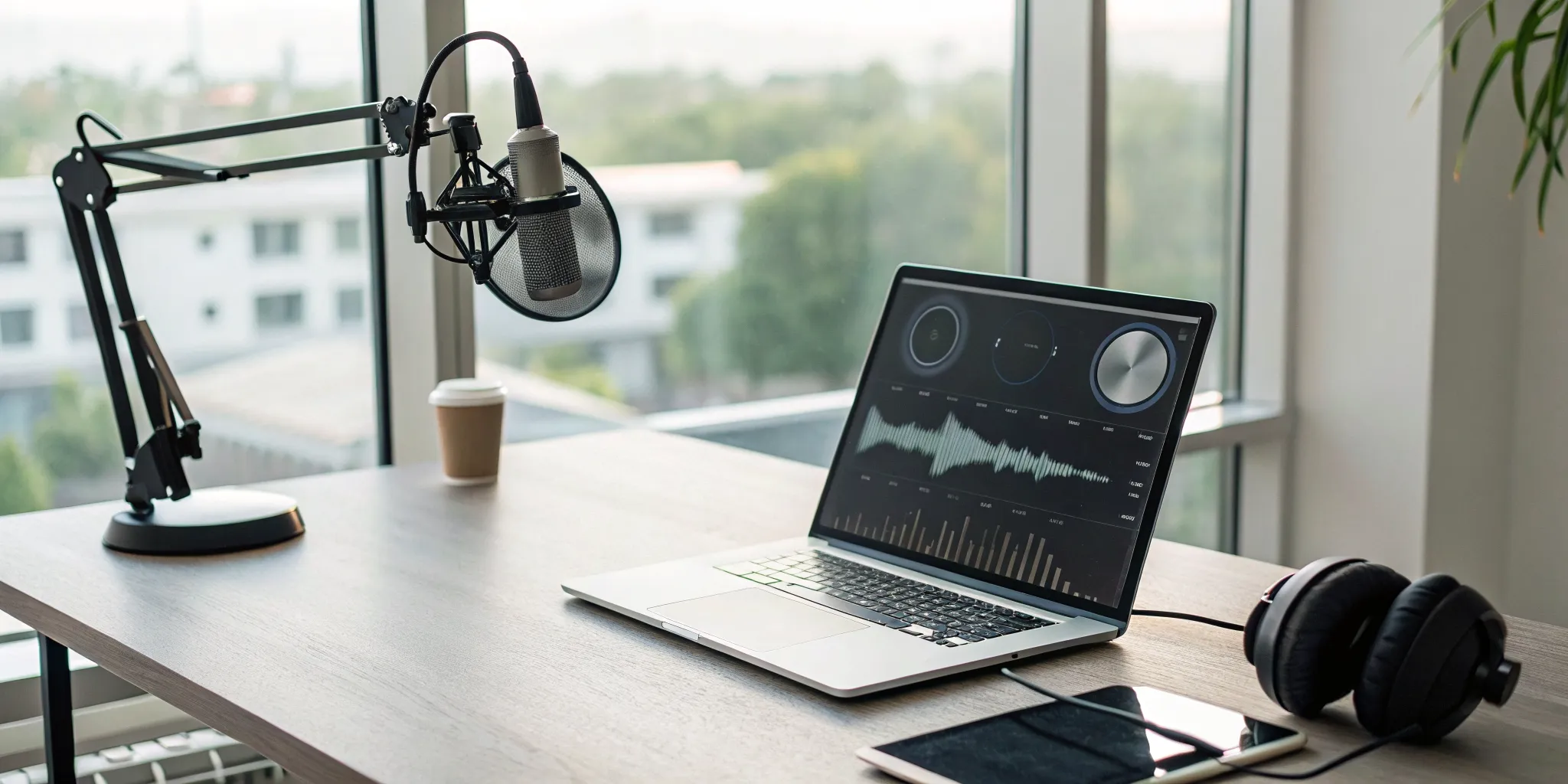 A desk with a microphone and headphones set up for an online radio stream.