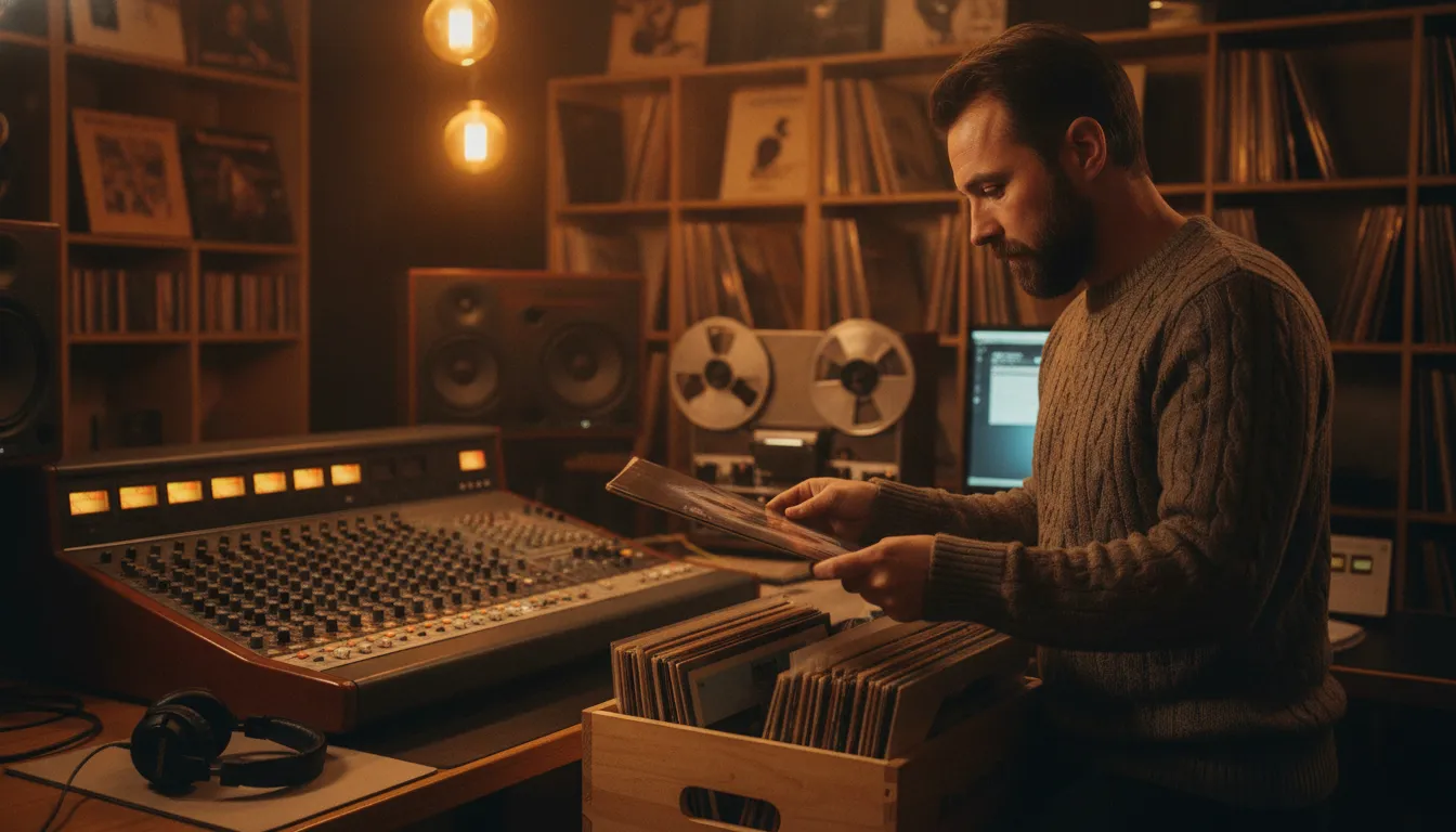 Radio DJ curator browsing vinyl records in a warm analog studio booth, vintage equipment and eclectic music shelves, authentic music curation atmosphere