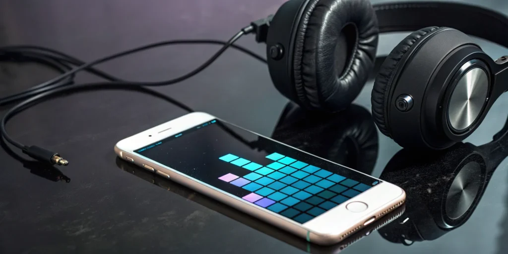 A smartphone and headphones streaming hip hop radio to find new music.