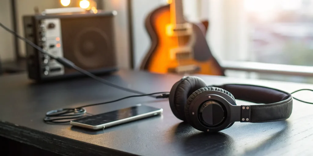 Blog 6 A classic rock radio stream playing on a smartphone with headphones, a guitar, and an amp.