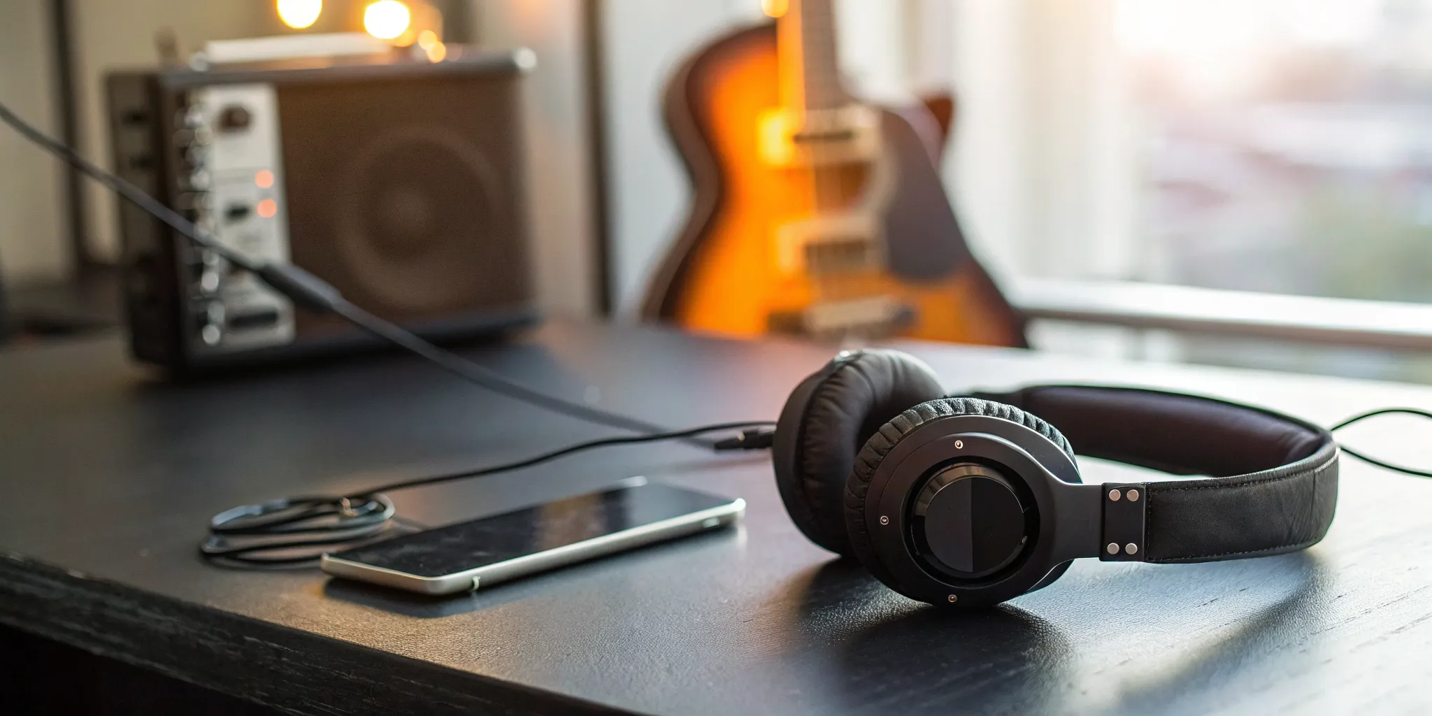 A classic rock radio stream playing on a smartphone with headphones, a guitar, and an amp.